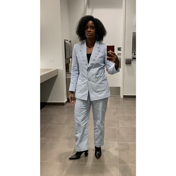 REBECCA TAYLOR Light Blue 70s Rickrack Trim Double Breasted Slub Jacket Blazer 8 - Picture 5 of 16